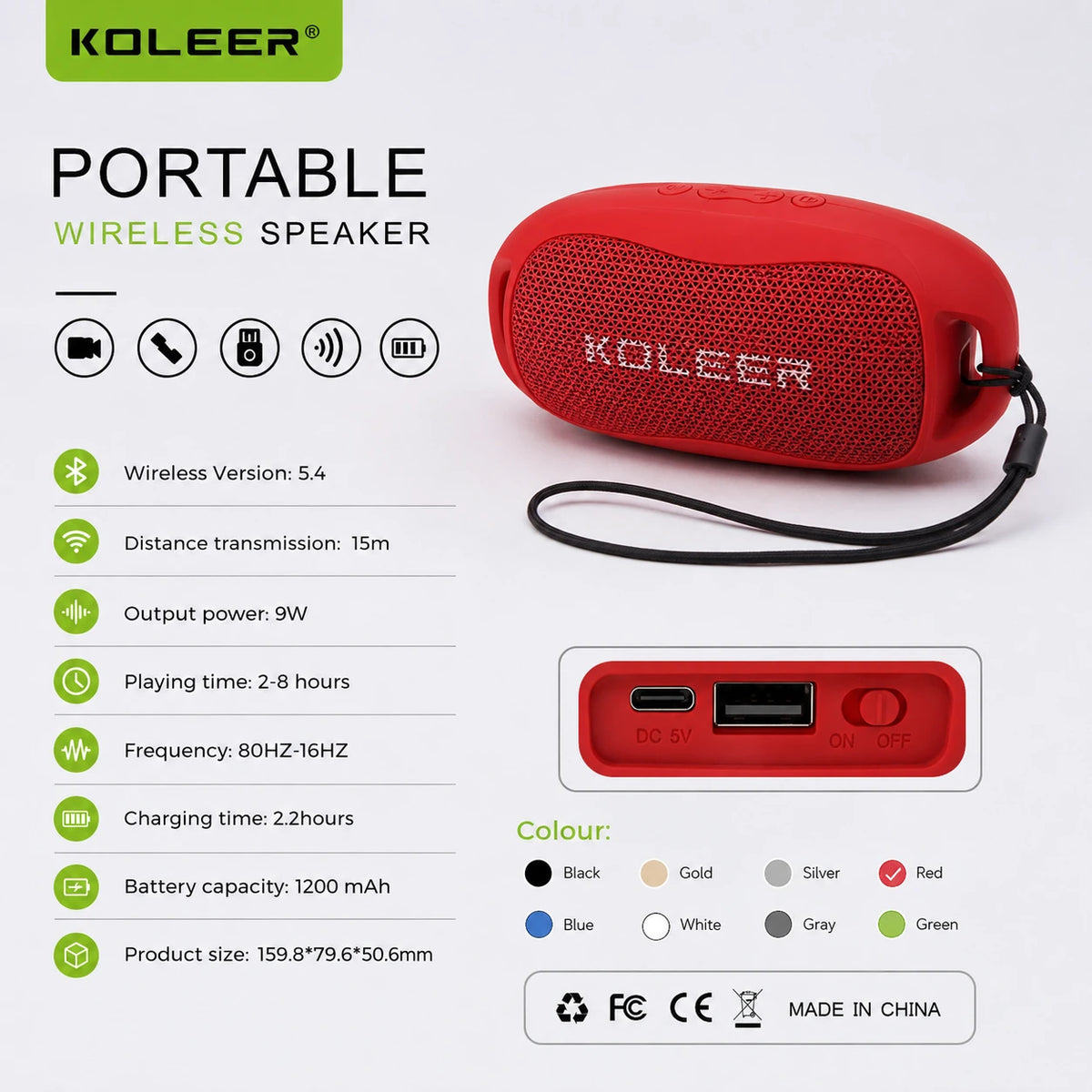 KOLEER wireless speaker specifications with 9W output and 1200mAh battery