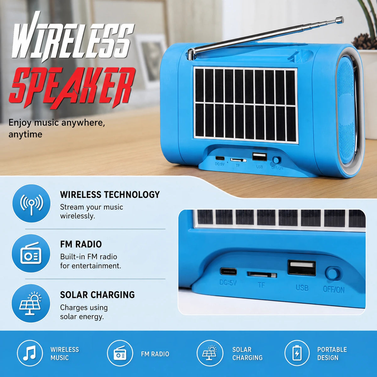 KTS-1636 wireless speaker features with FM radio and solar charging