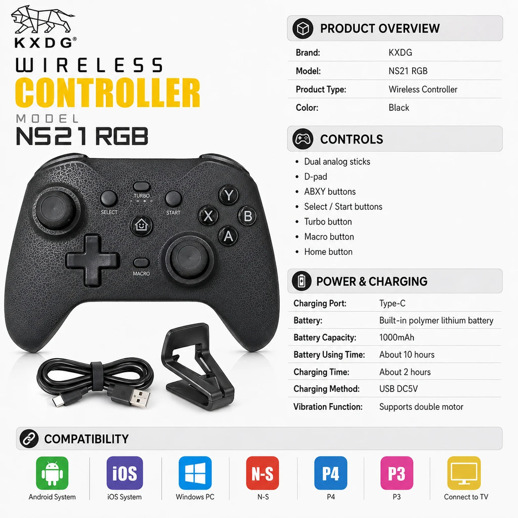 KXDG NS21 RGB wireless controller specifications and compatibility