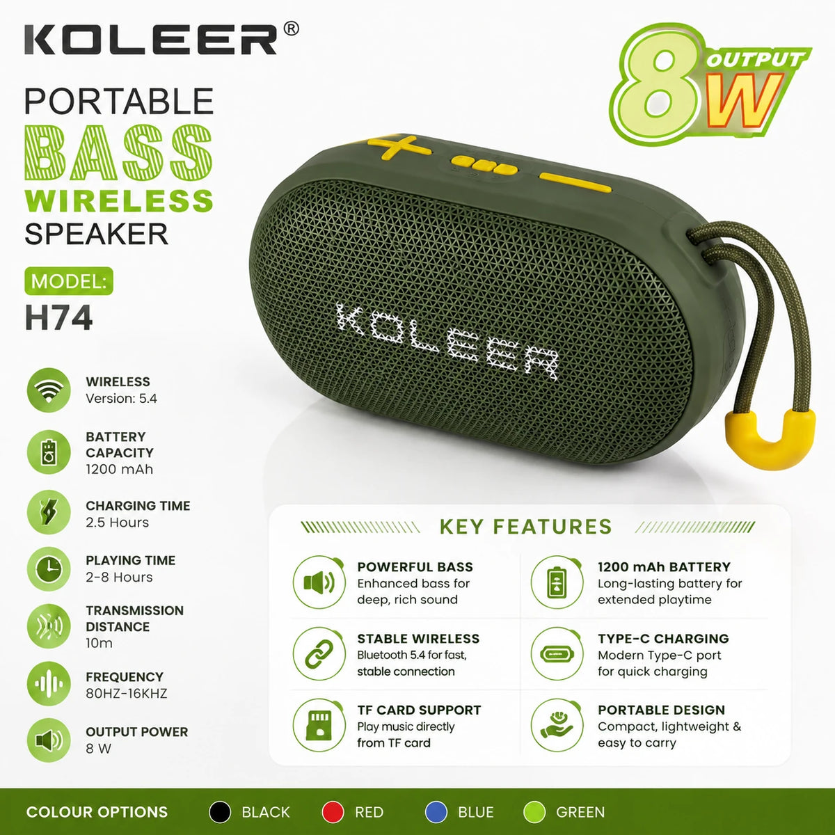 Koleer H74 Bluetooth speaker specifications showing 8W output, Bluetooth 5.4 and 1200mAh battery