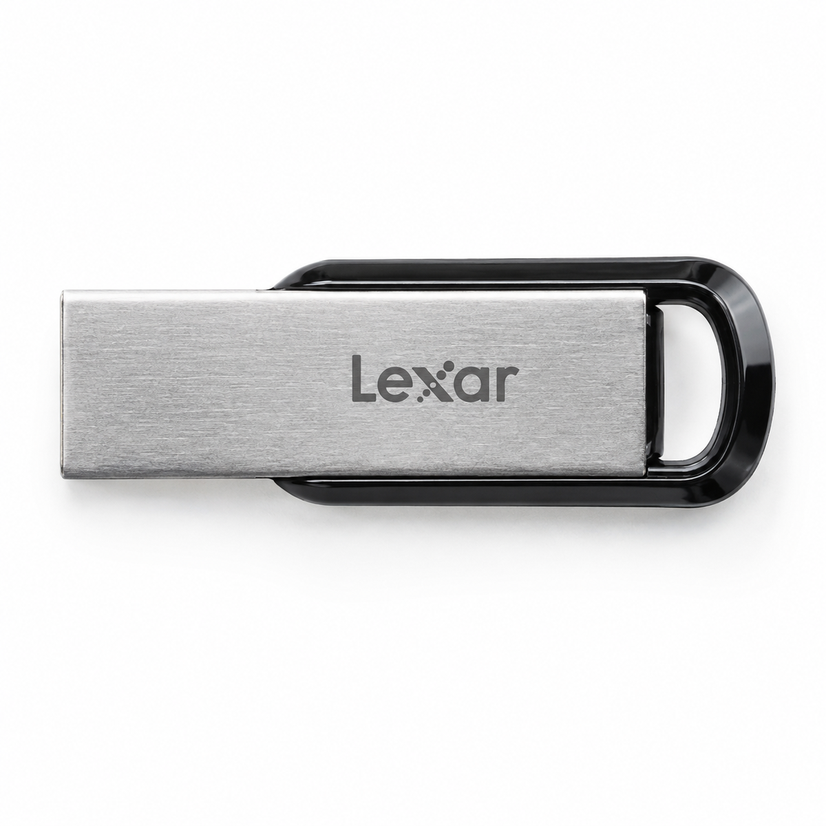 Lexar USB flash drive with silver metal body and black protective swivel cover