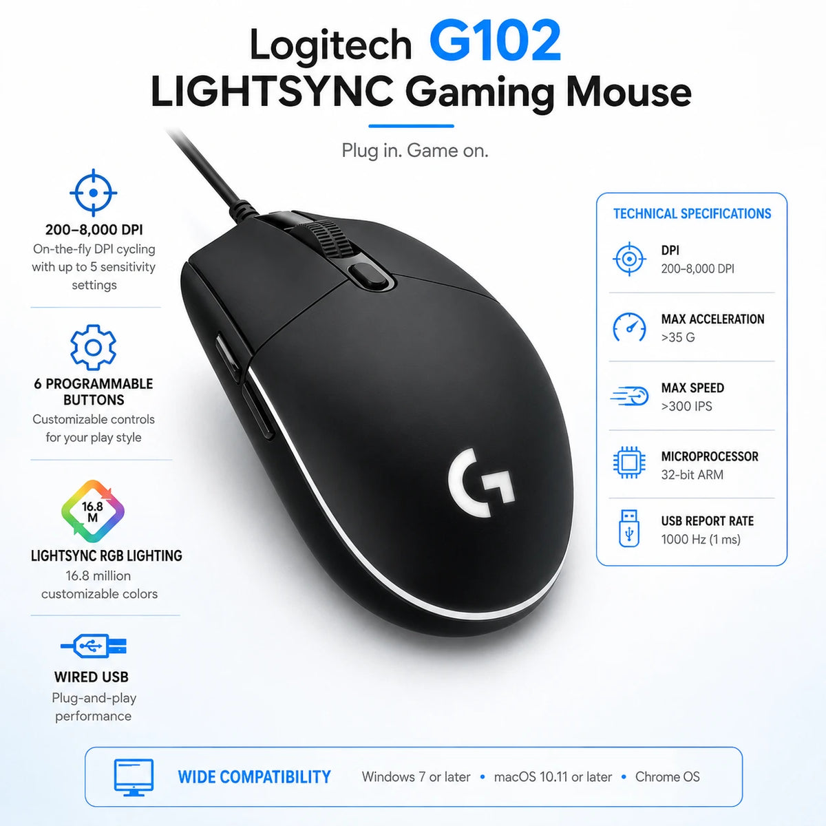 Logitech G102 gaming mouse specifications with 8000 DPI and 1000Hz report rate
