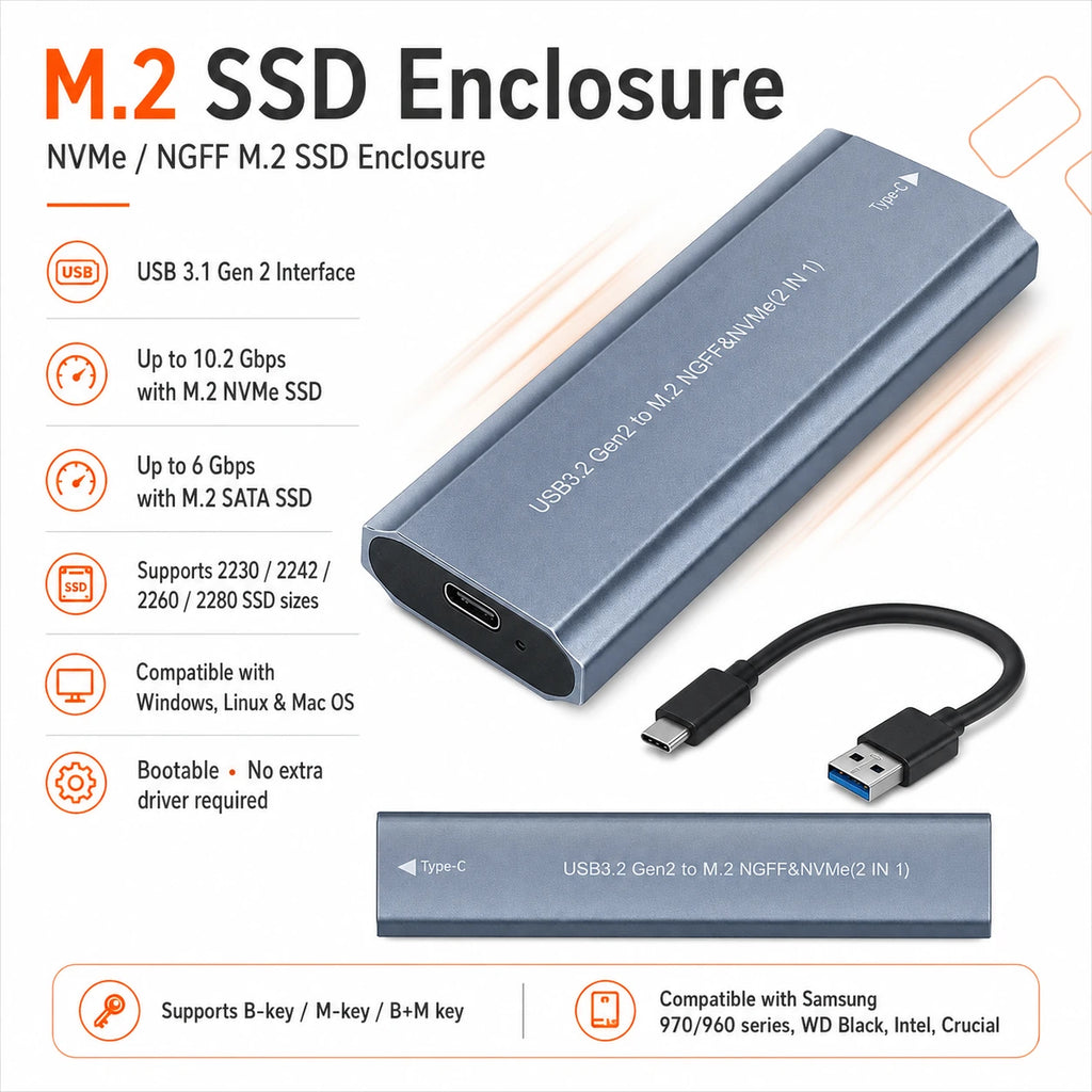 M.2 NVMe SATA SSD enclosure 10.2Gbps 6Gbps speed and SSD size specifications