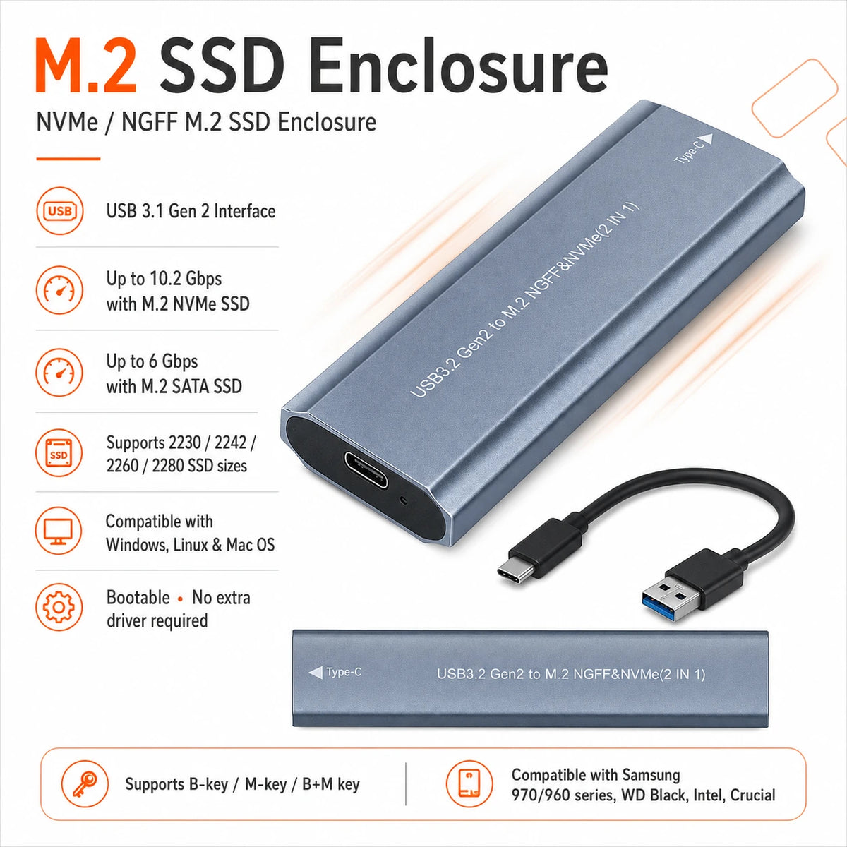 M.2 NVMe SATA SSD enclosure 10.2Gbps 6Gbps speed and SSD size specifications
