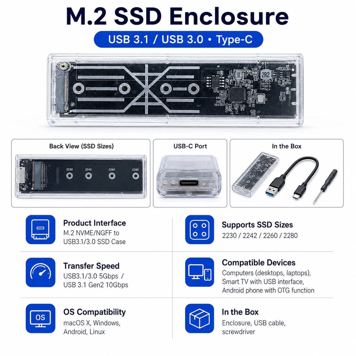 M.2 SSD enclosure USB 3.1 3.0 specifications and transfer speed