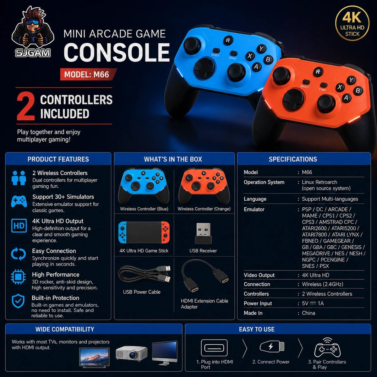 M66 Mini Arcade Game Console – 4K Ultra HD, 2 Wireless Controllers