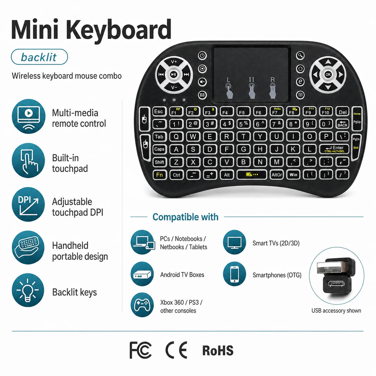 Mini wireless keyboard and mouse combo specifications with backlit touchpad