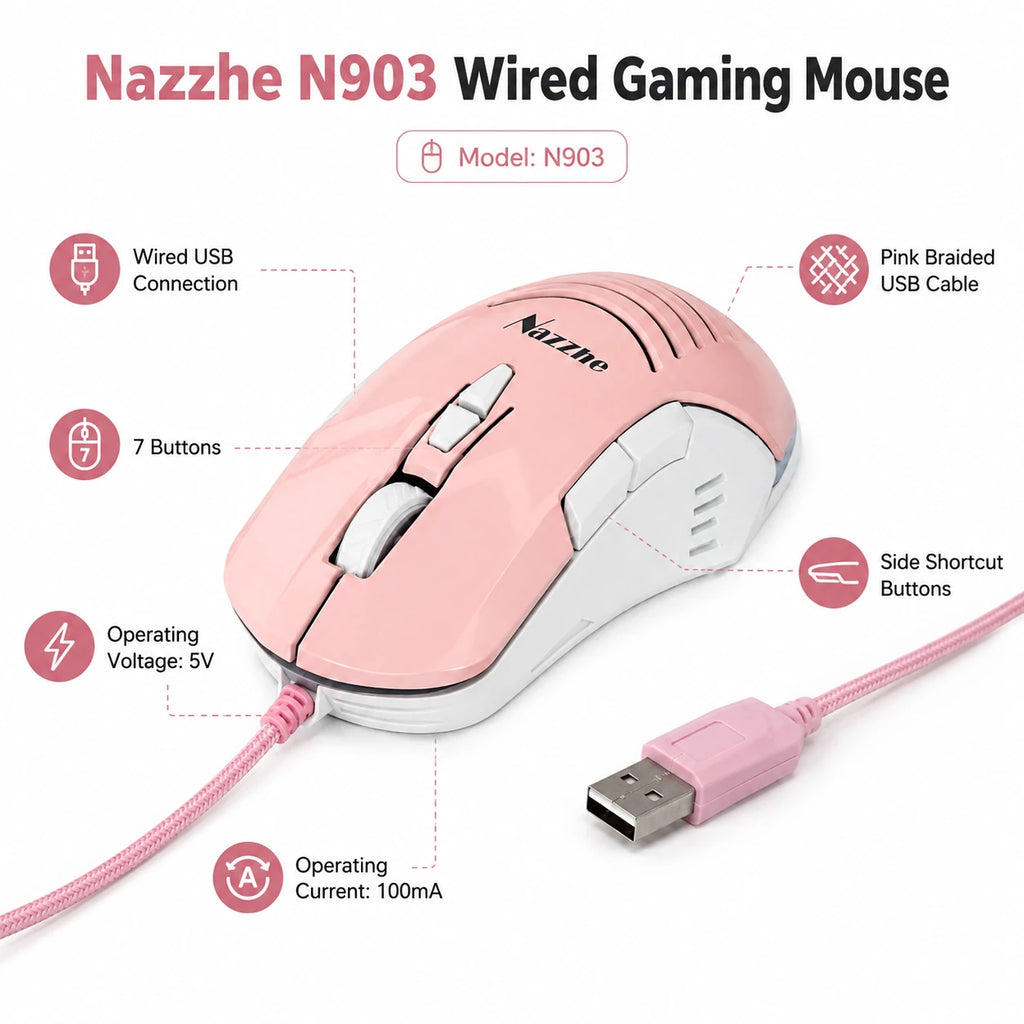 Nazzhe N903 Wired Gaming Mouse – 7 Buttons, Braided USB Cable
