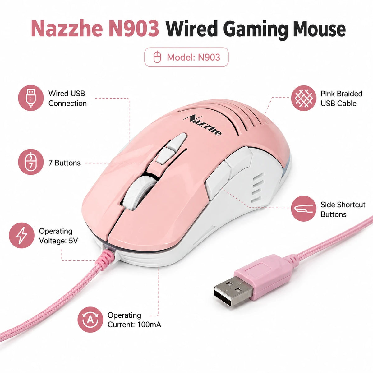 Nazzhe N903 Wired Gaming Mouse – 7 Buttons, Braided USB Cable