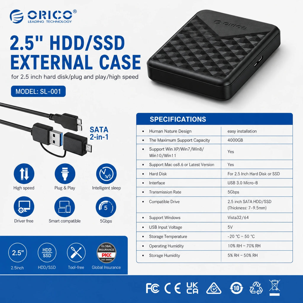 ORICO SL-001 2.5 inch HDD SSD enclosure specifications with USB 3.0 and 5Gbps