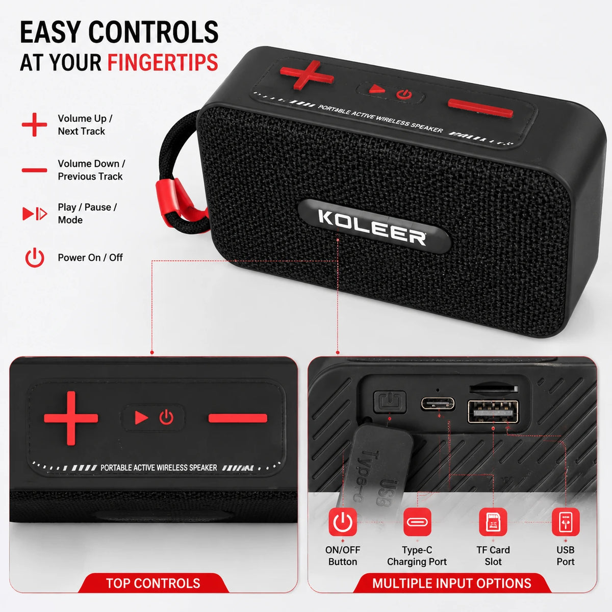 Portable wireless bass speaker top controls for volume, tracks, playback and power