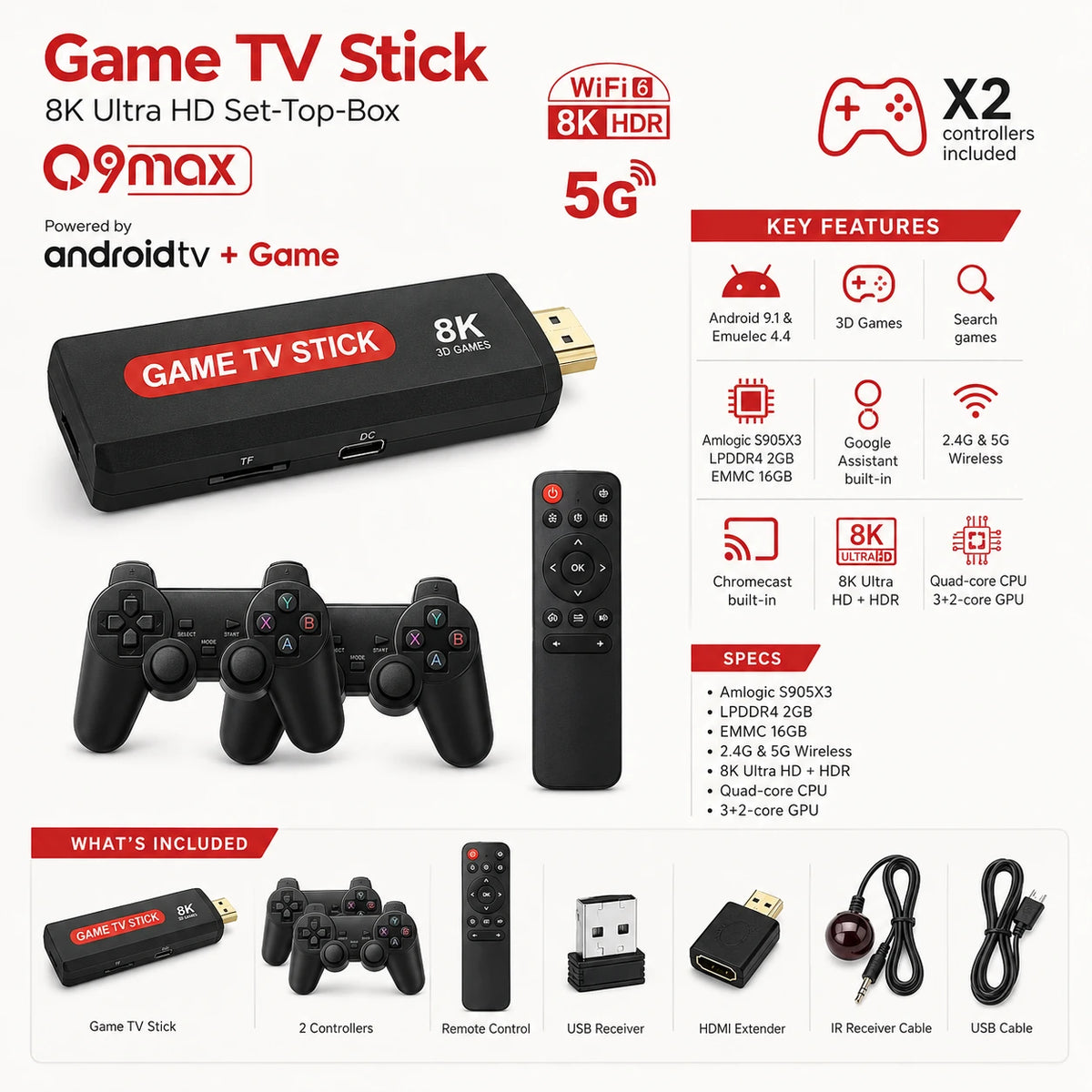 Q9 Max 8K Game TV Stick specifications with 2GB RAM and 16GB storage