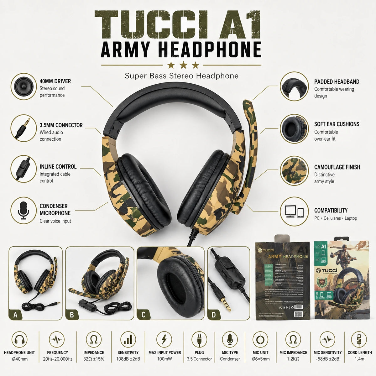 TUCCI A1 Army Headphone 40mm driver and technical specifications