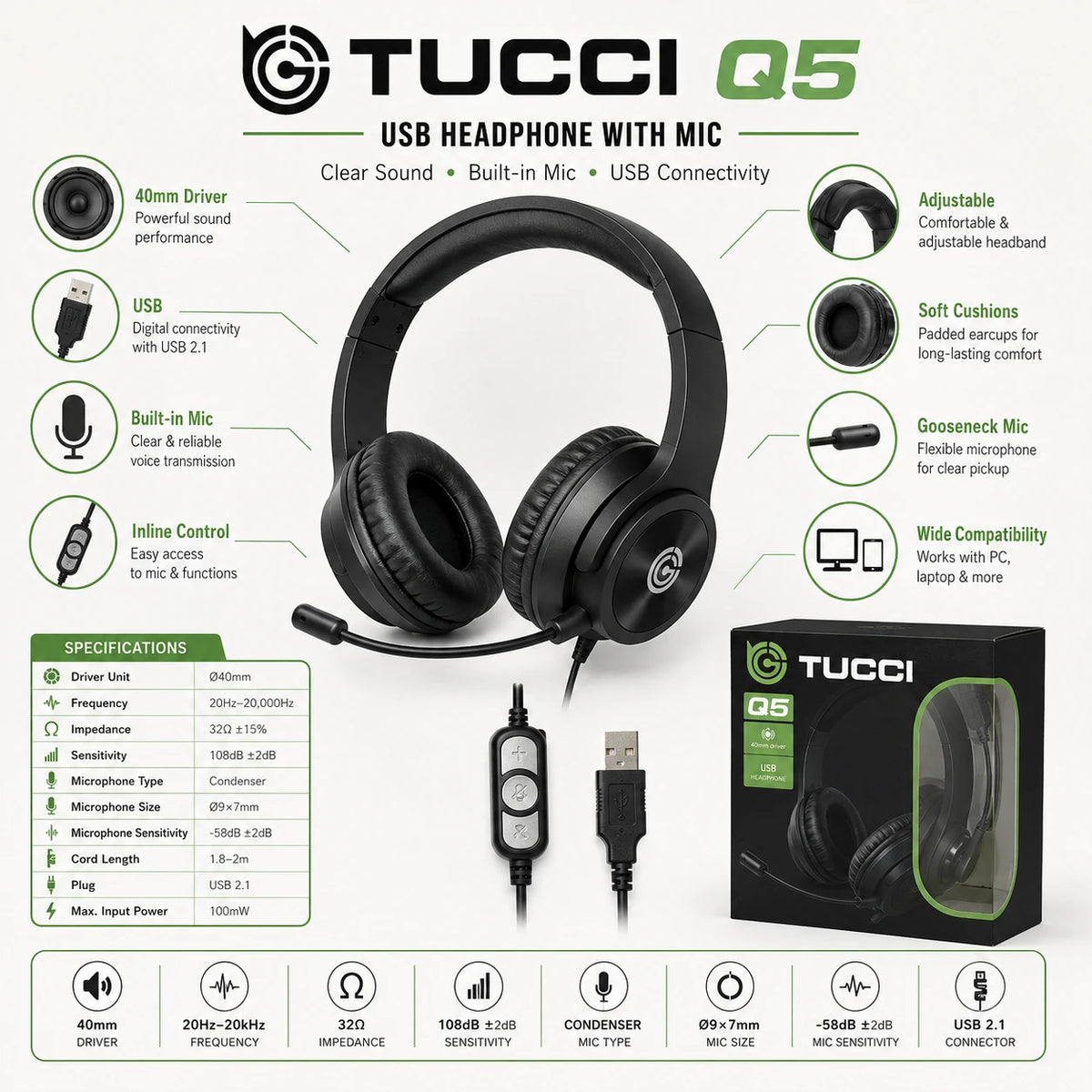 TUCCI Q5 USB headphone 40mm driver and technical specifications
