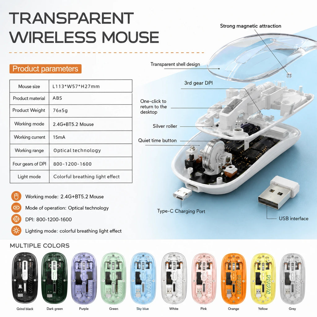 Transparent wireless mouse 800 1200 1600 DPI specifications