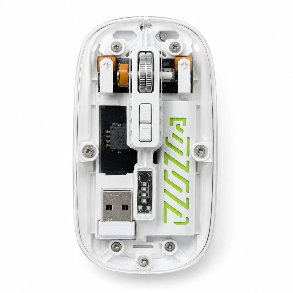 Transparent wireless mouse front view with colorful breathing light effect