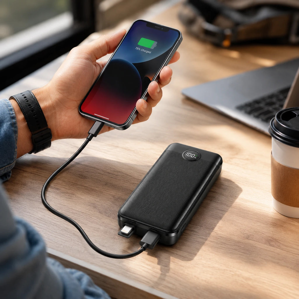 VEN-DENS VD-PB047 10000mAh power bank charging smartphones in lifestyle setting