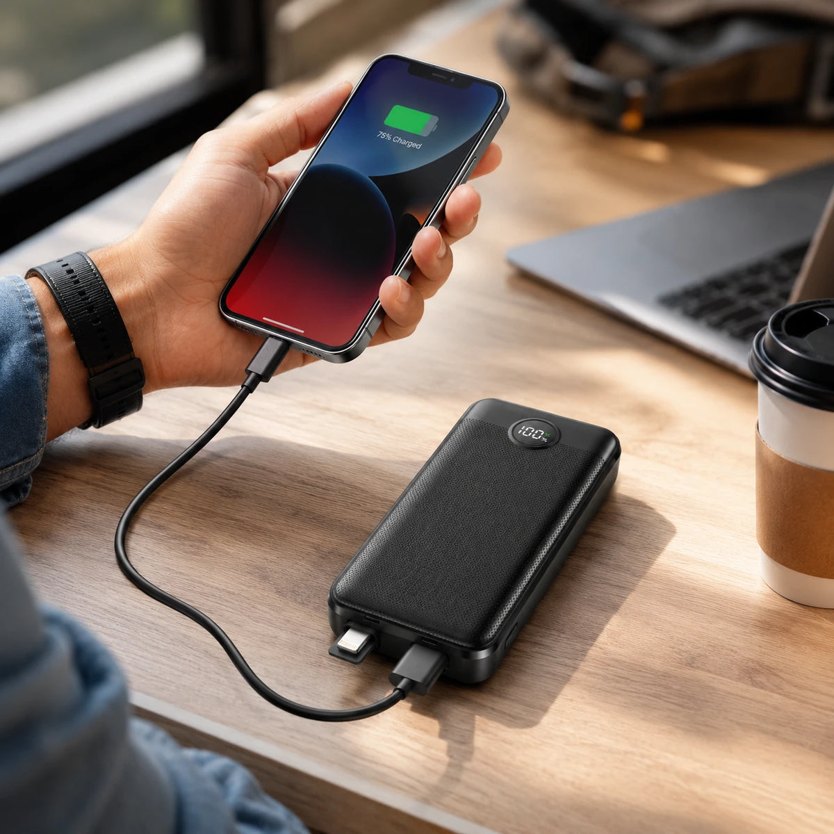 VEN-DENS VD-PB047 10000mAh power bank charging smartphones in lifestyle setting