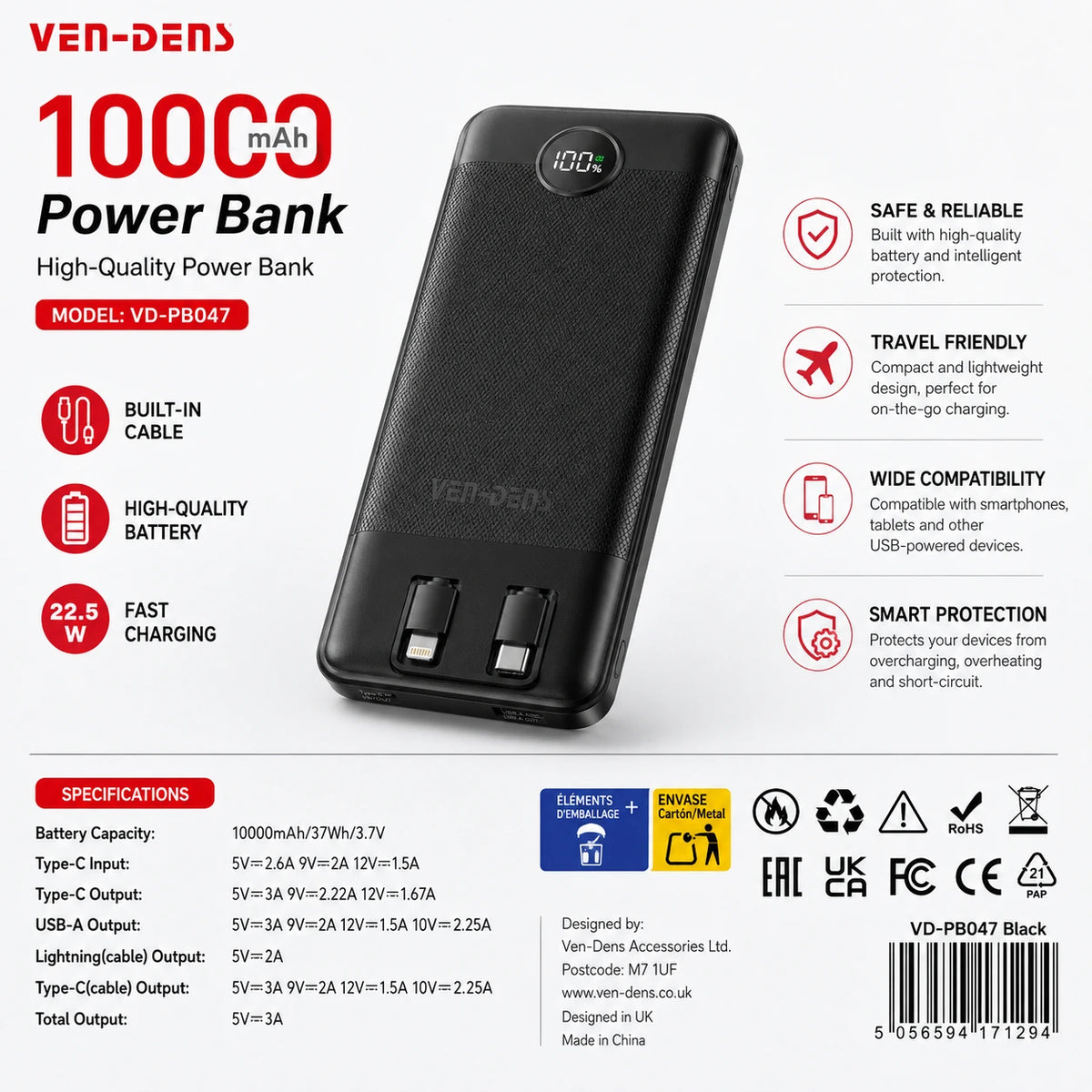 VEN-DENS VD-PB047 10000mAh power bank specifications and charging outputs