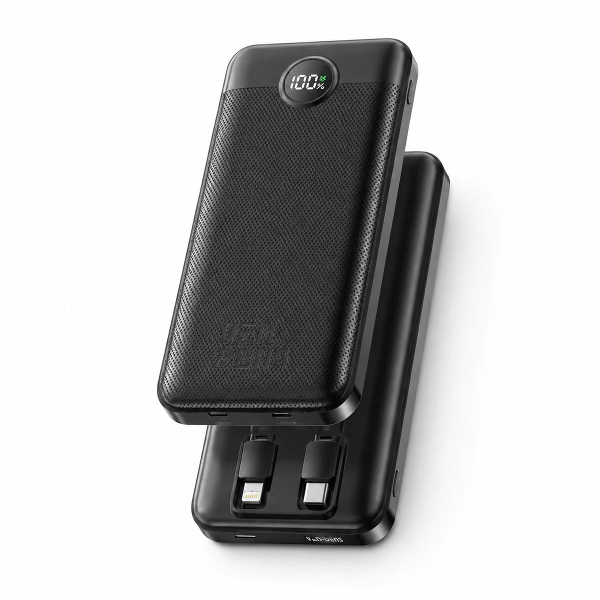 VEN-DENS VD-PB047 power bank digital battery display and built-in charging cables close up