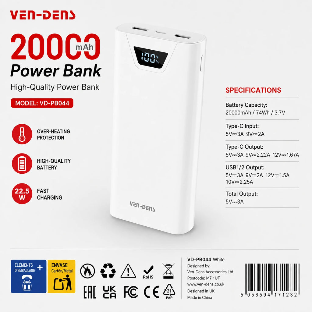 Ven-Dens VD-PB044 20000mAh power bank specifications and charging details