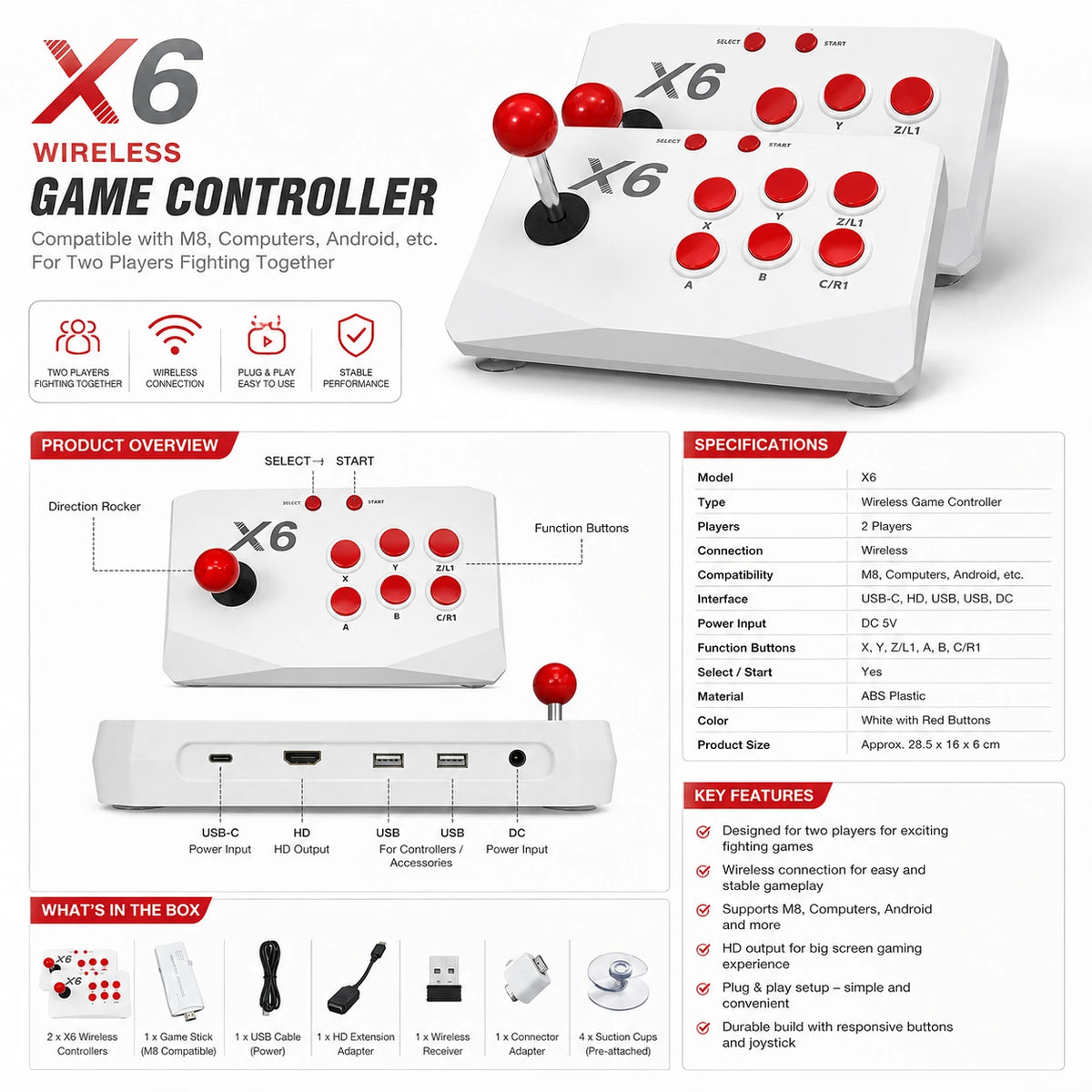 X6 2.4G wireless game controller set specifications and included accessoriesss