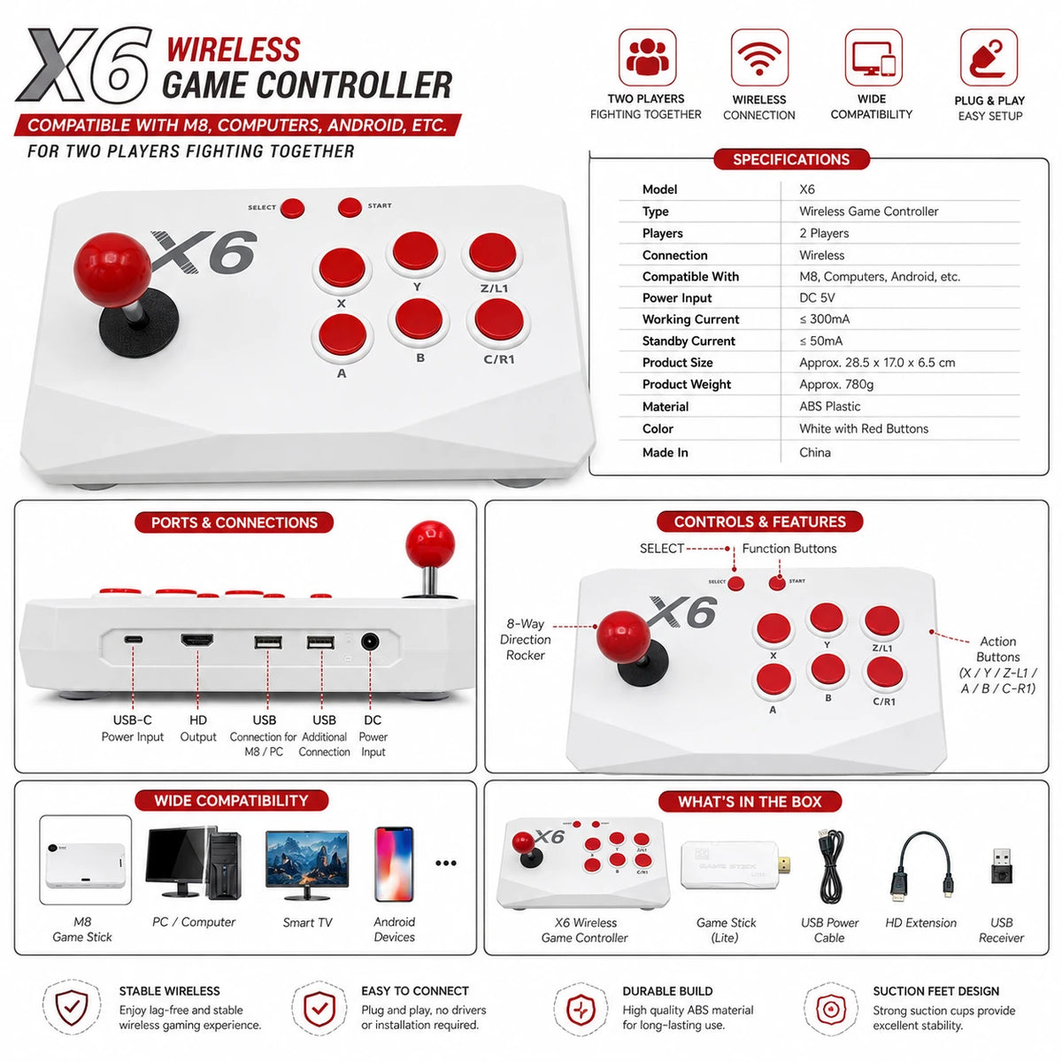 X6 2.4G wireless game controller set specifications and included accessories