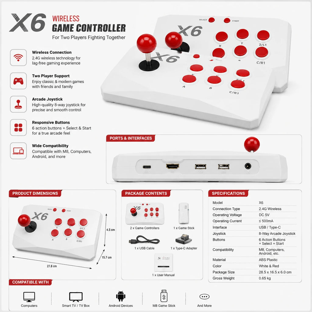 X6 2.4G wireless game controller set specifications and included accessoriess