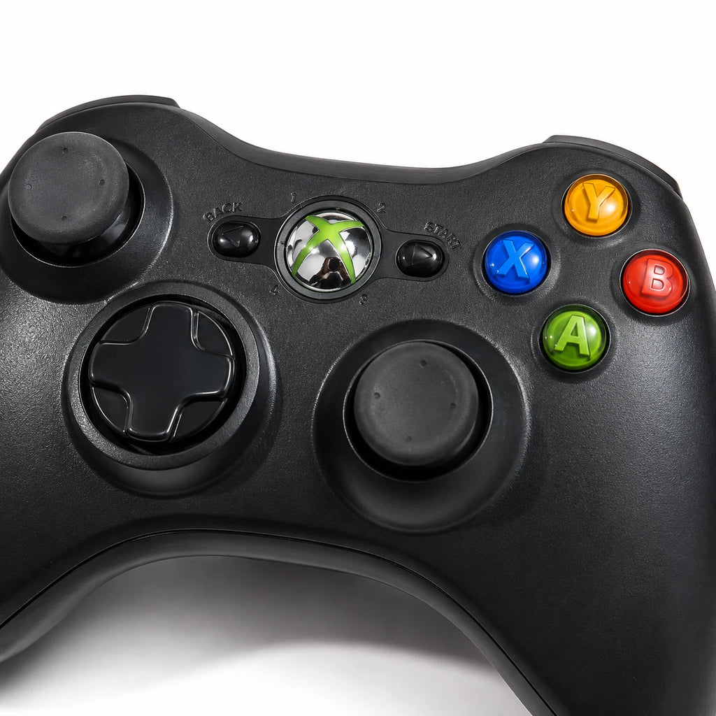 Xbox 360 wireless game controller with AA batteries and USB receiver