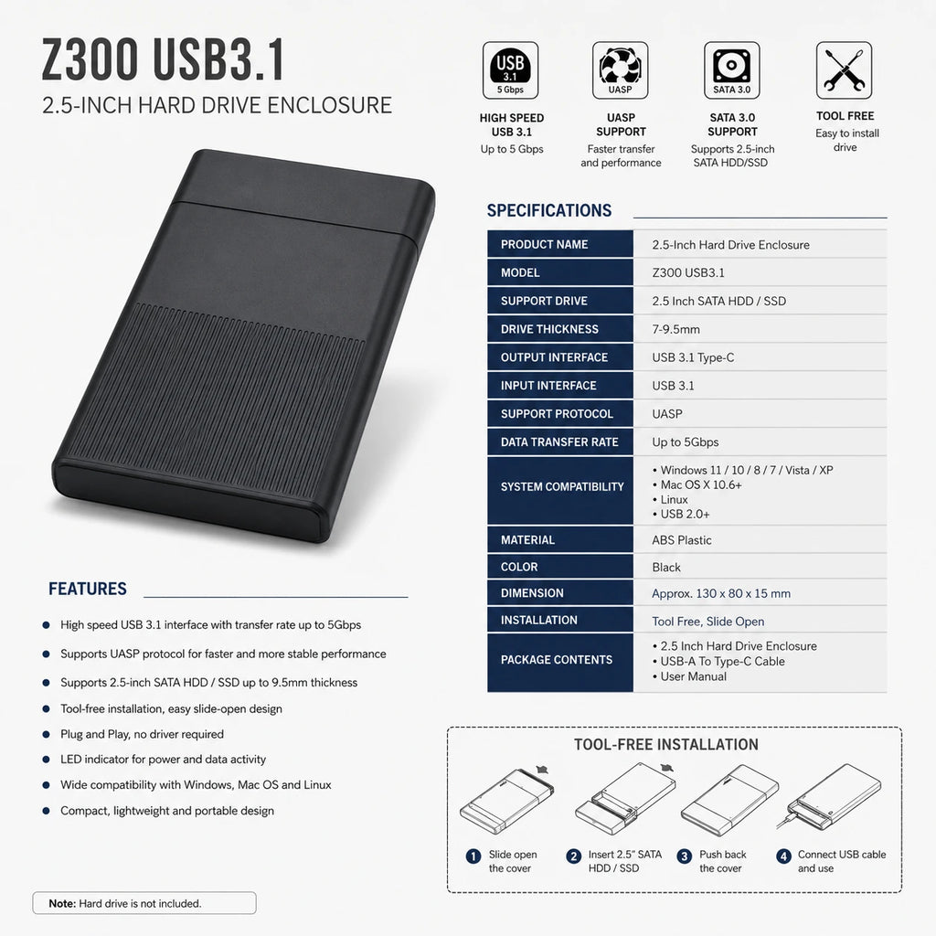 Z300 USB 3.1 2.5-inch hard drive enclosure specifications for SATA HDD SSD