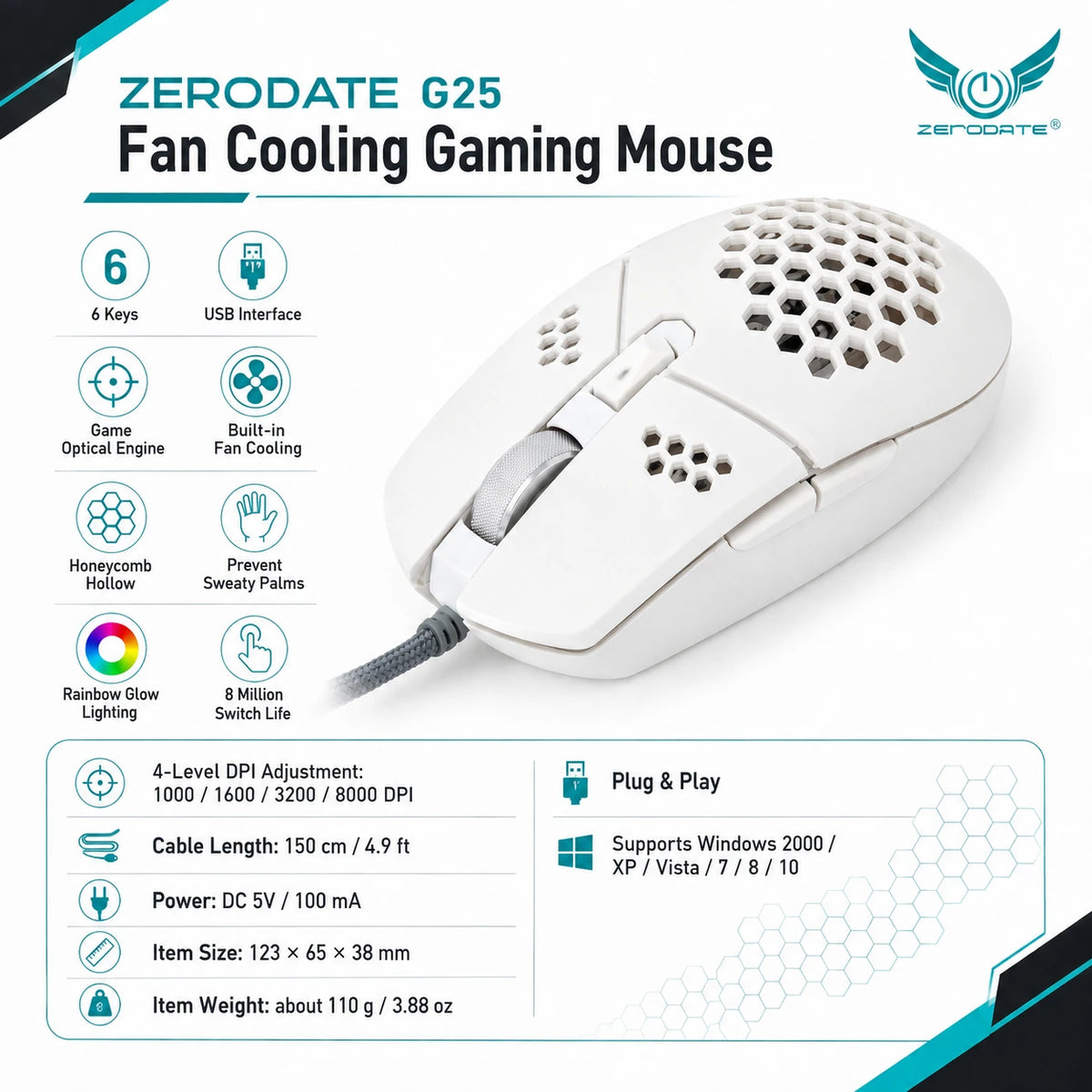 ZERODATE G25 gaming mouse specifications with 8000 DPI and 150cm cable