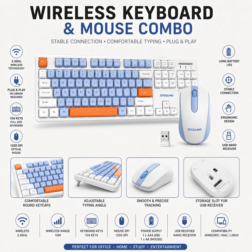 ZIYOULANG wireless keyboard mouse combo 2.4GHz and 1200 DPI specifications