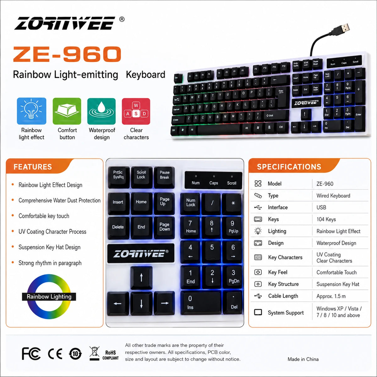 ZORITVEE ZE-960 104-key wired keyboard specifications