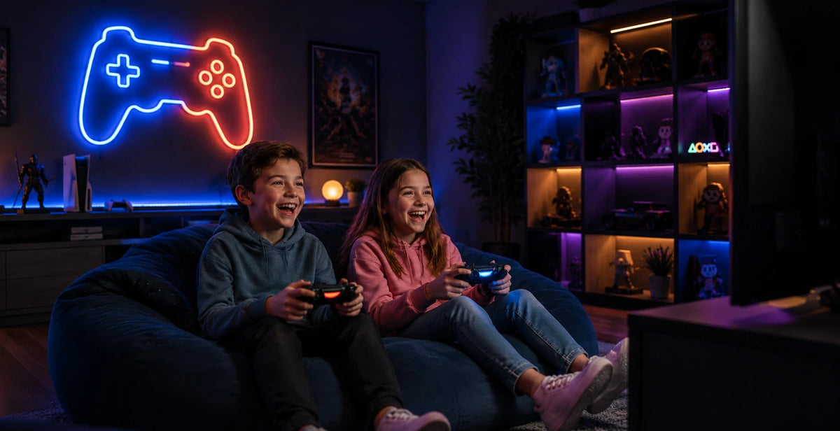 Children playing video games in a modern room setup featuring gaming controllers and accessories available at AS Tech Hub online store
