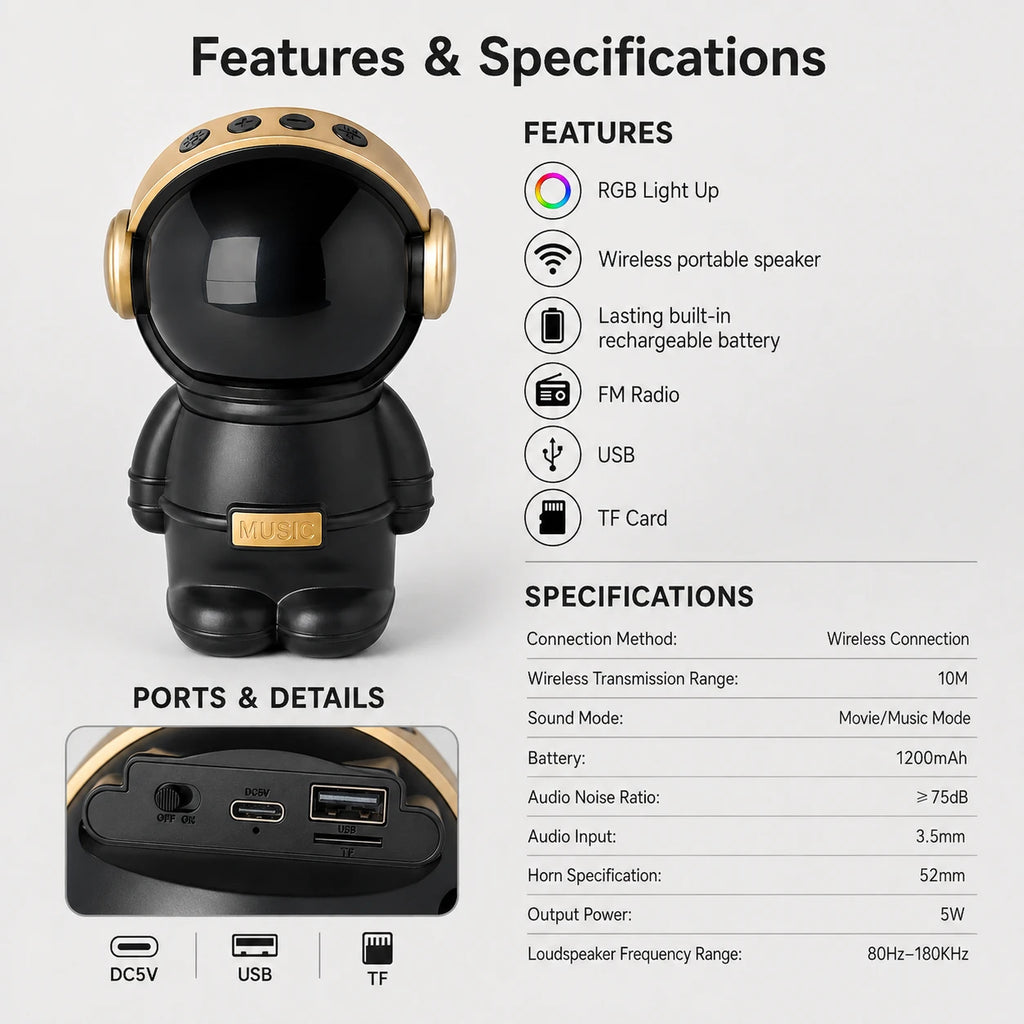 astronaut wireless speaker specifications with 5W output and 1200mAh battery