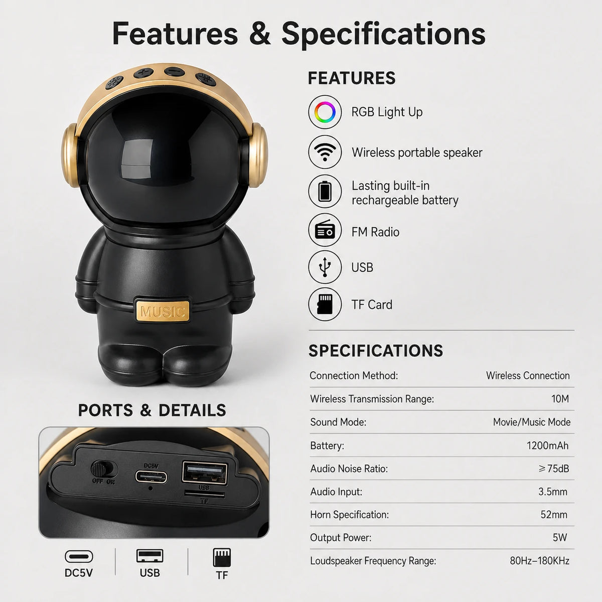astronaut wireless speaker specifications with 5W output and 1200mAh battery