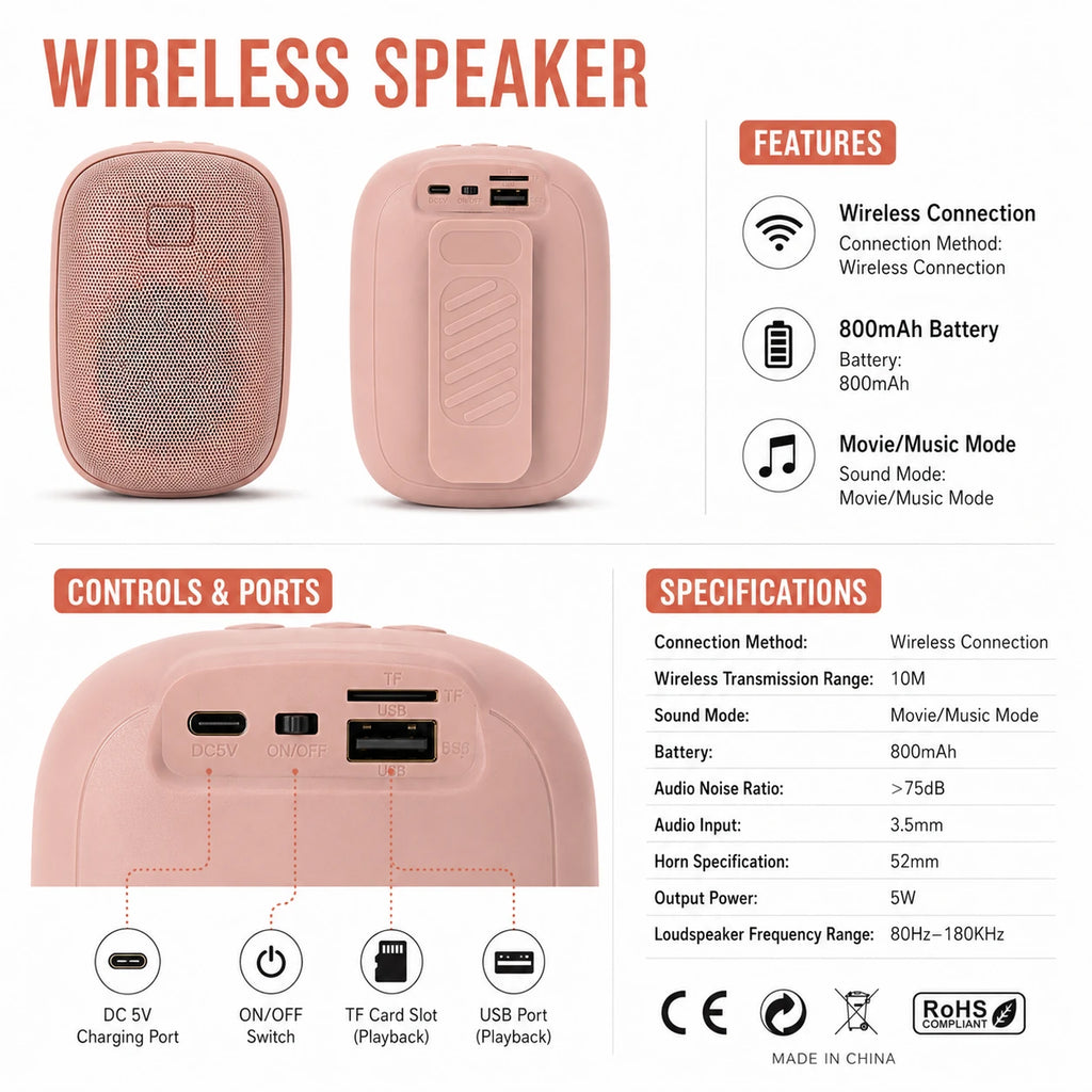 portable wireless speaker specifications with 5W output and 800mAh battery