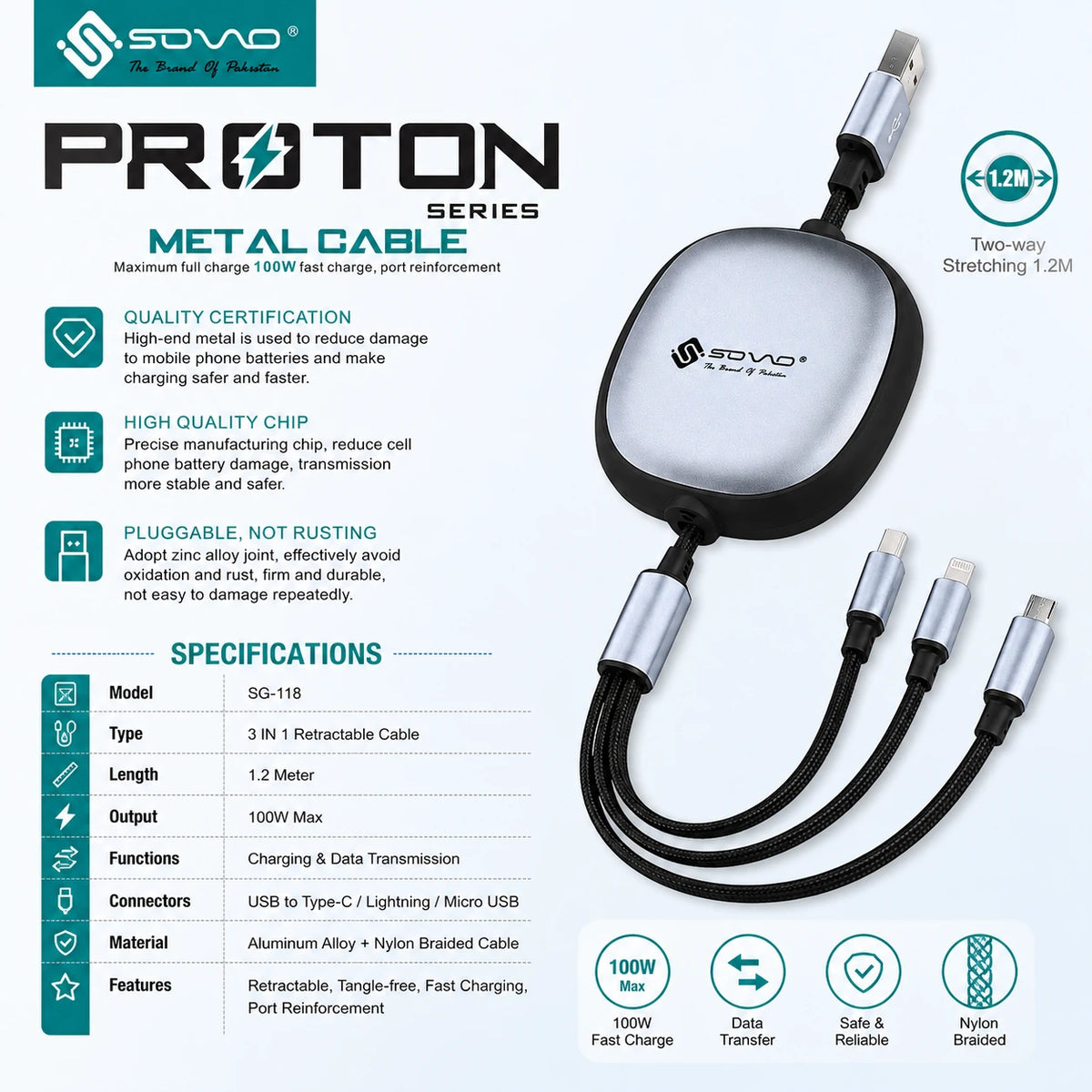 sovo SG-118 3-in-1 cable specifications with 100W output and 1.2m length