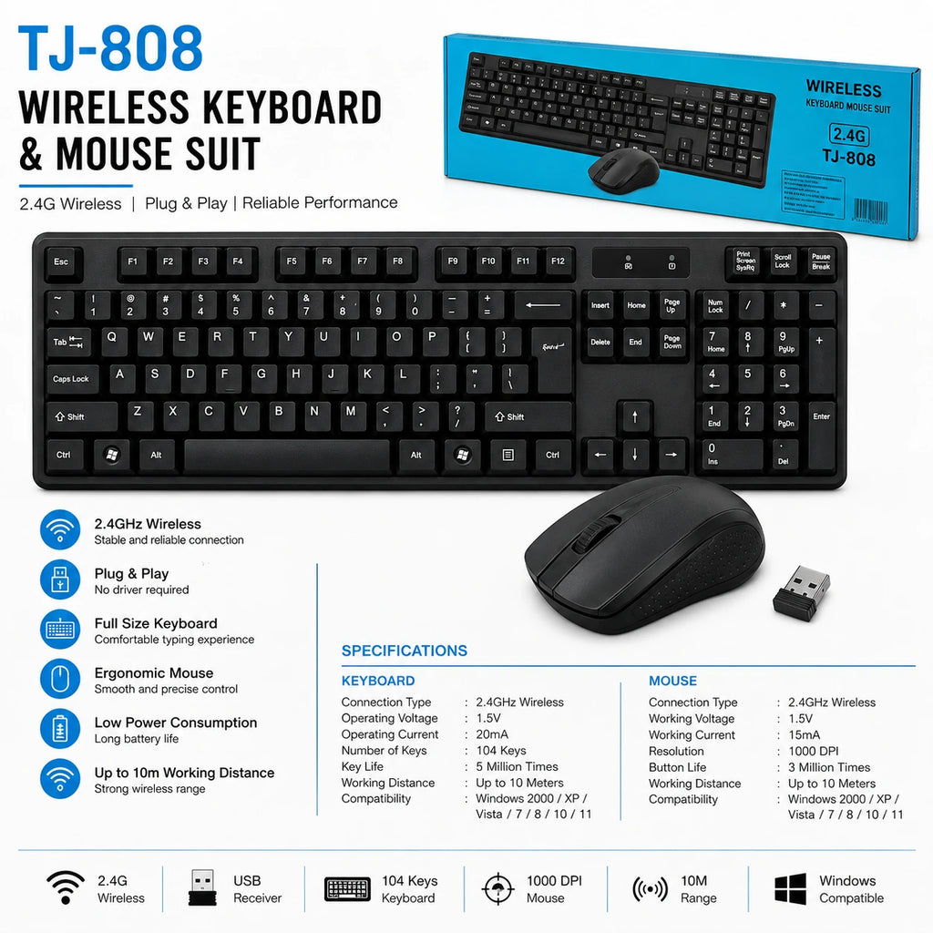 tj-808 wireless keyboard and mouse specifications with 104 keys and 1000 DPI