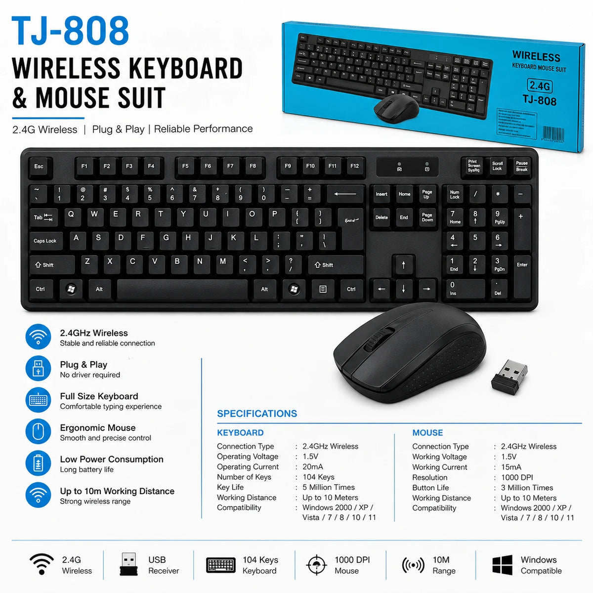 tj-808 wireless keyboard and mouse specifications with 104 keys and 1000 DPI