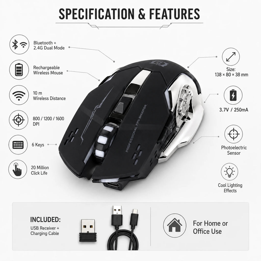 Rechargeable Wireless Gaming Mouse – Bluetooth + 2.4G, 1600 DPI