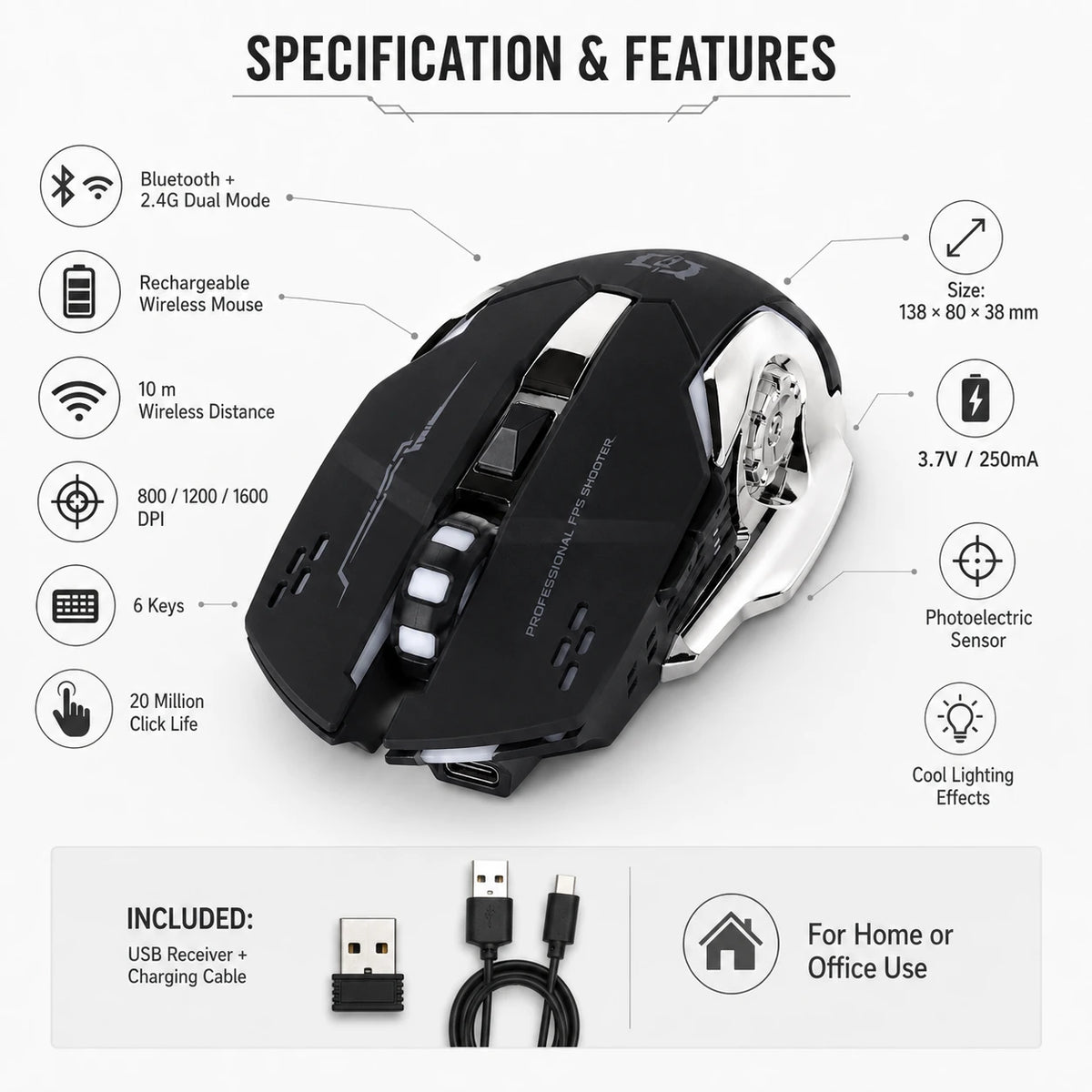 Rechargeable Wireless Gaming Mouse – Bluetooth + 2.4G, 1600 DPI